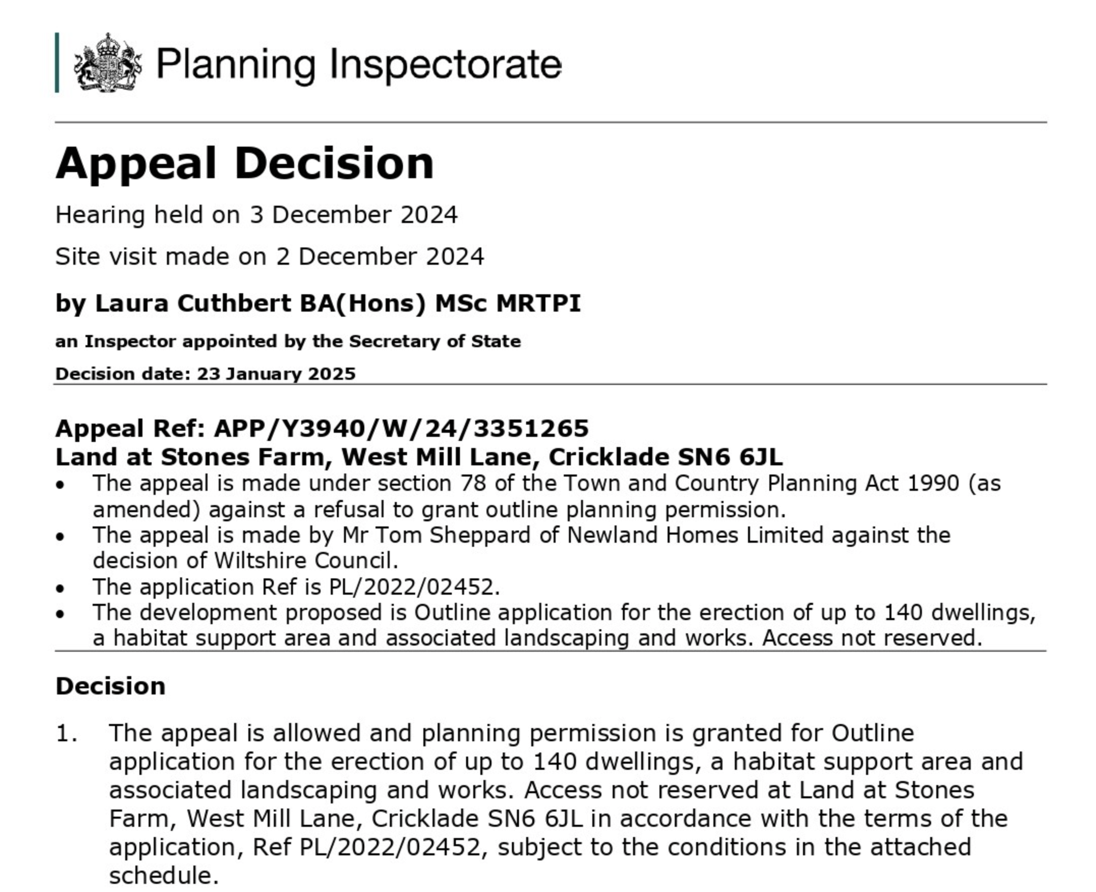 Planning for 140 home in Wiltshire